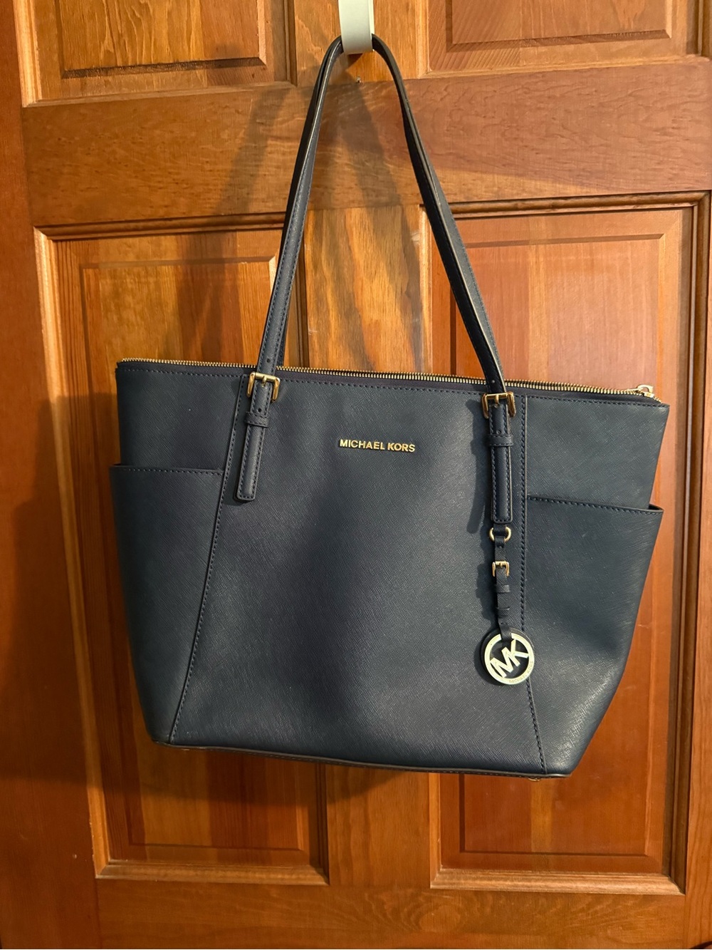 Michael Kors Navy Saffiano Tote with Gold Hardware